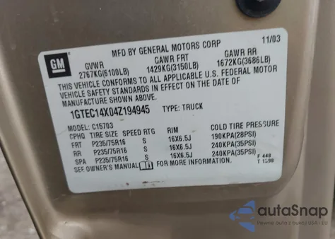 2004 GMC Sierra 1500 z USA, uszkodzony, nr VIN 1GTEC14X04Z194945